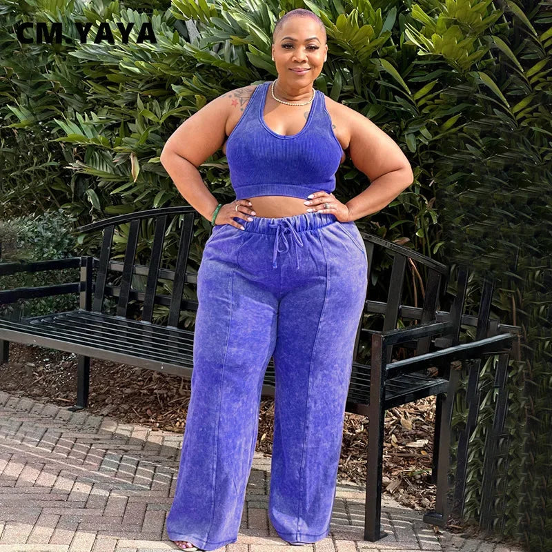 Plus Size Women's Sleeveless Top +Wide Leg Straight Pants Washed Two 2 Piece Set Outfit .