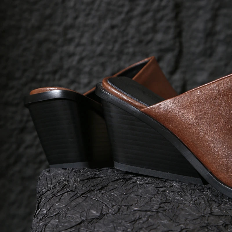 Women's New Summer Metal Headed Genuine Leather Cowhide Large Square Headed Retro Muller Slip on Shoe