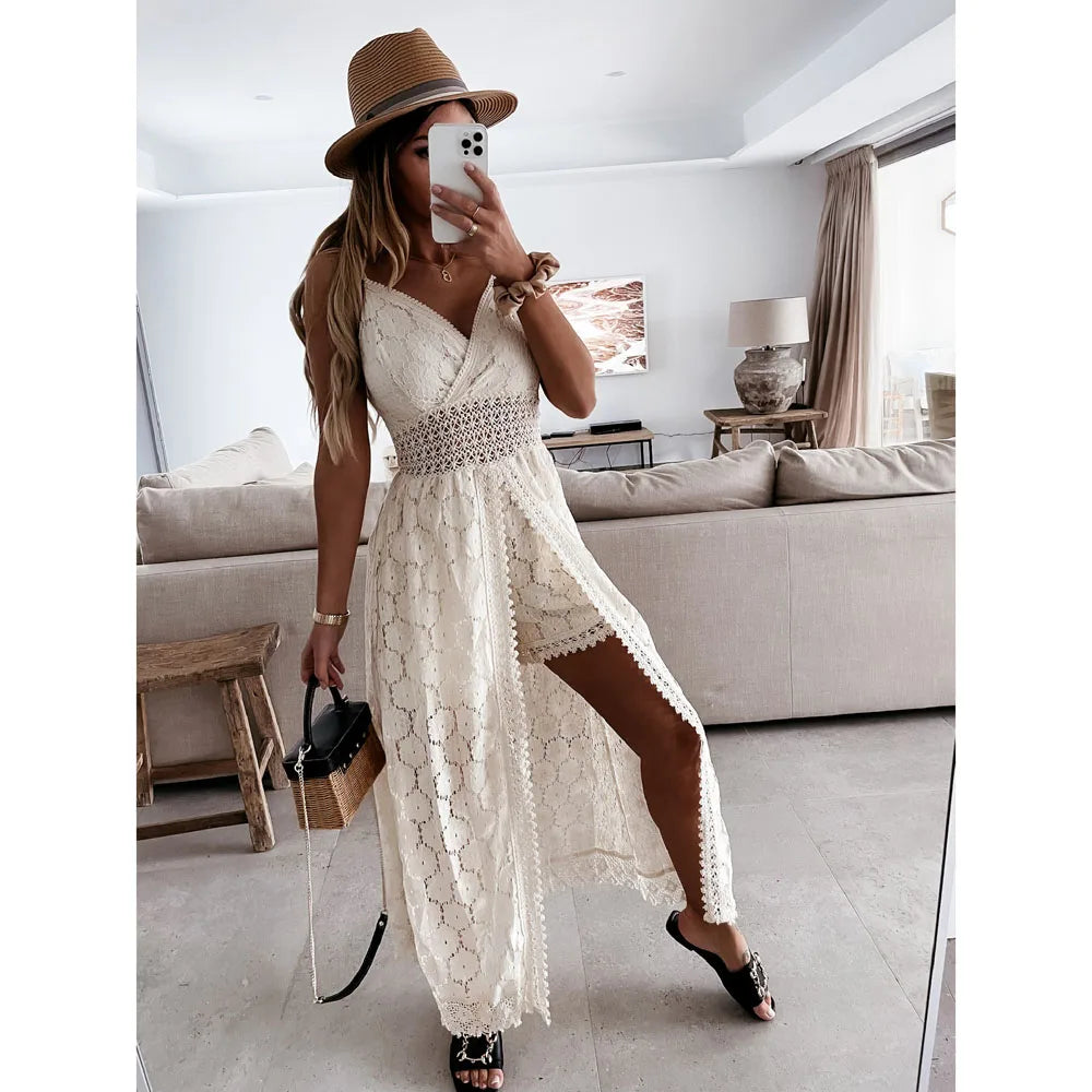 Summer V Neck Solid Color Lace Hollow-Out Sleeveless Sling Party Wear High Waist Romper.