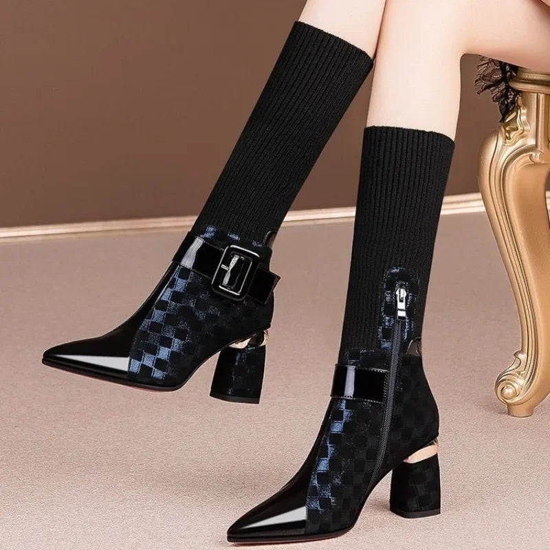 New Style Thick Heel Stretch Fabric Pointed Toe Zipper Fashion Boots