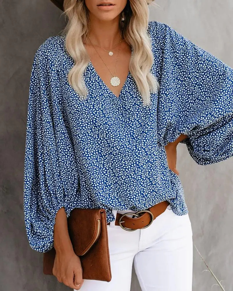 New European V-neck Printed Lantern Sleeve Top.  S-3X