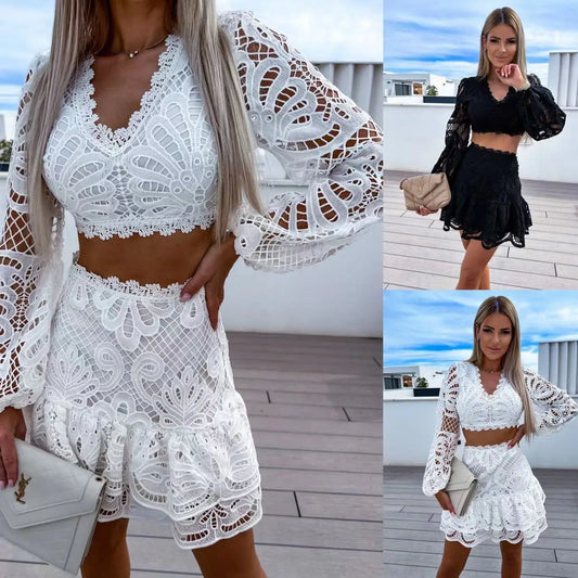 Women 2 Piece Outfit Lace Floral Sheer Mesh Backless Crop Top Ruched Mini Skirt Set