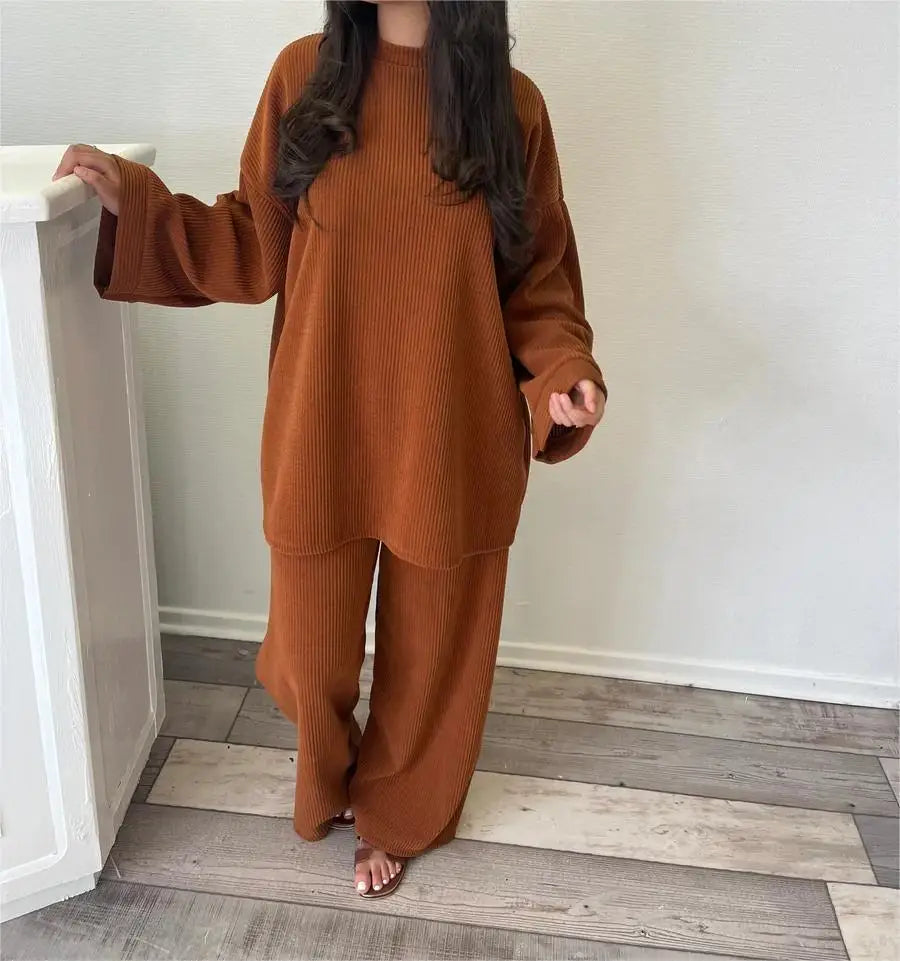 Elegant Female Fashion Solid Set Loose Long Sleeve Pullover Top Wide Legs  2 Piece Set. S-XL