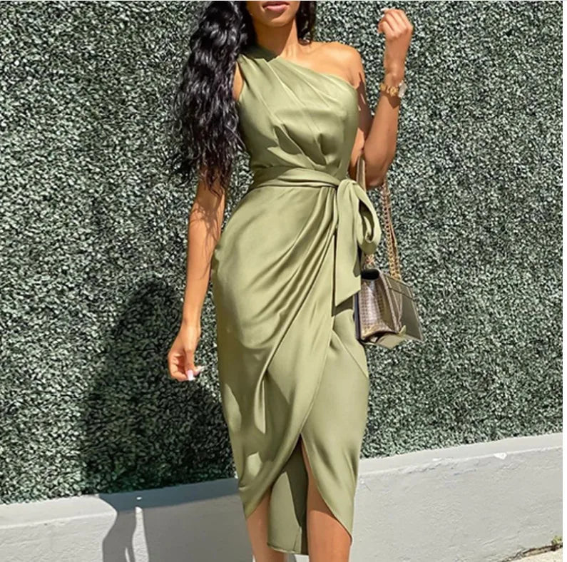2025 Summer Women Sexy One Shoulder Satin Asymmetrical Ruched Midi Party Dress.
