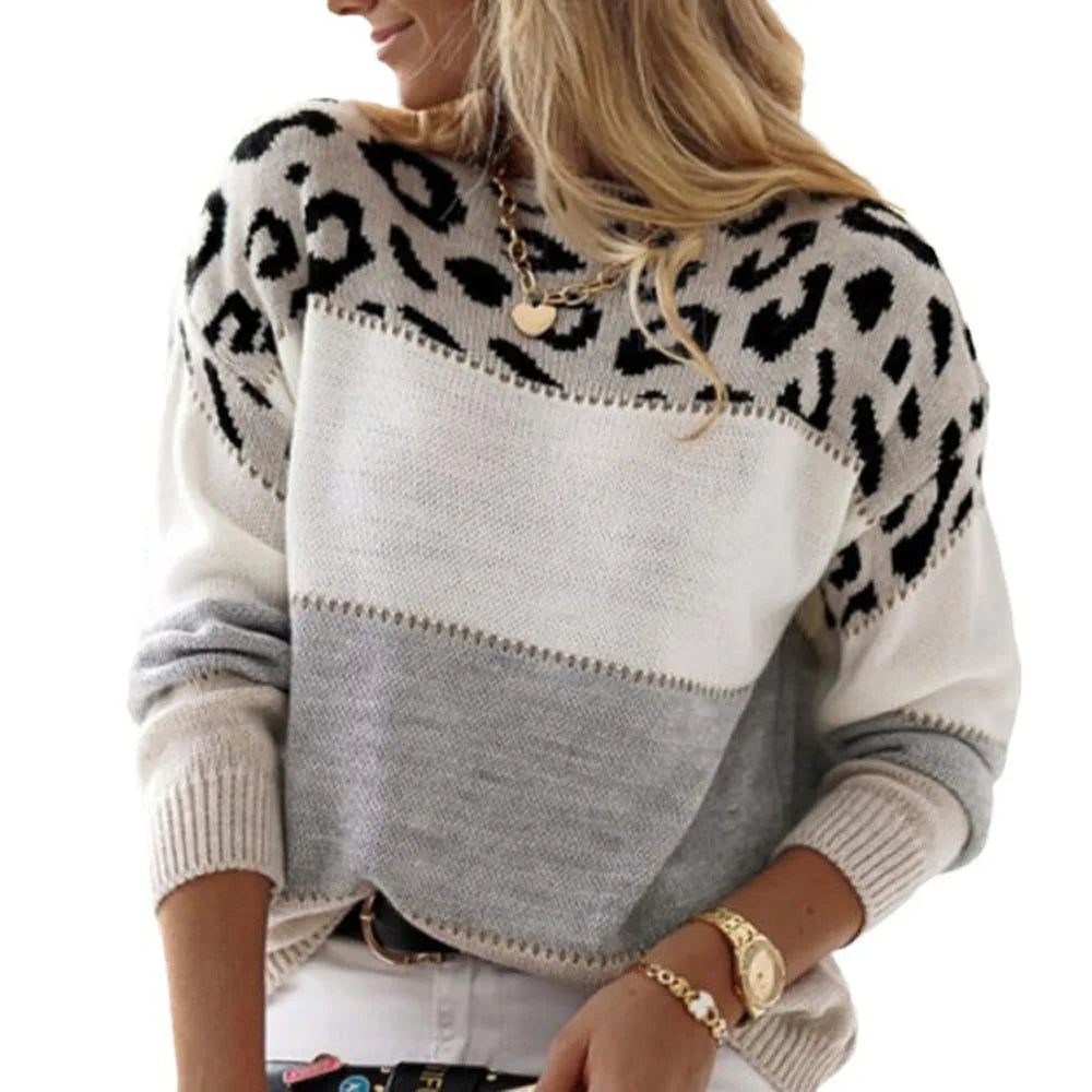 Women Leopard Print Loose Sweater Autumn Winter Round Collar Long Sleeve Knitted  Pullover.  S-3X