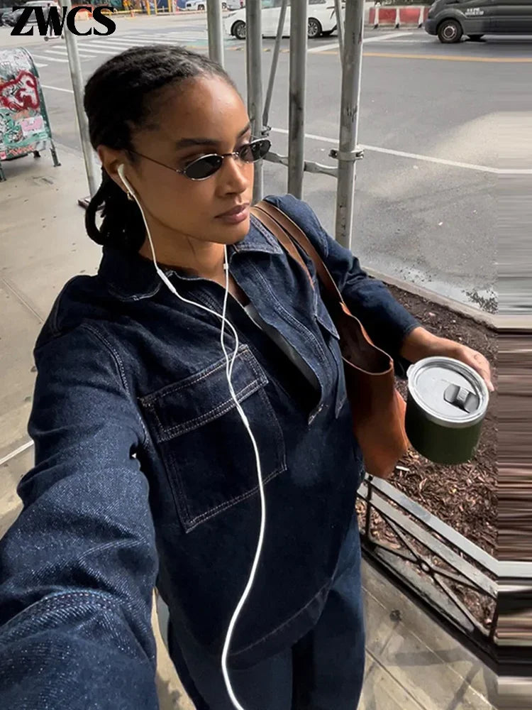 Fashion Denim Jacket Jeans Set Women Casual Lapel V-neck Full Sleeve Wide Leg Trousers 2025 New Ladies High Street Outfit