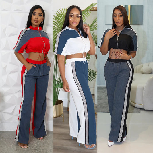 Pant Set Women Two Piece Set Denim Matching Sets Jogger Tracksuit Matching Sets Zipper Tops Wide Leg Long Pants Elastic Waist.  S-2X