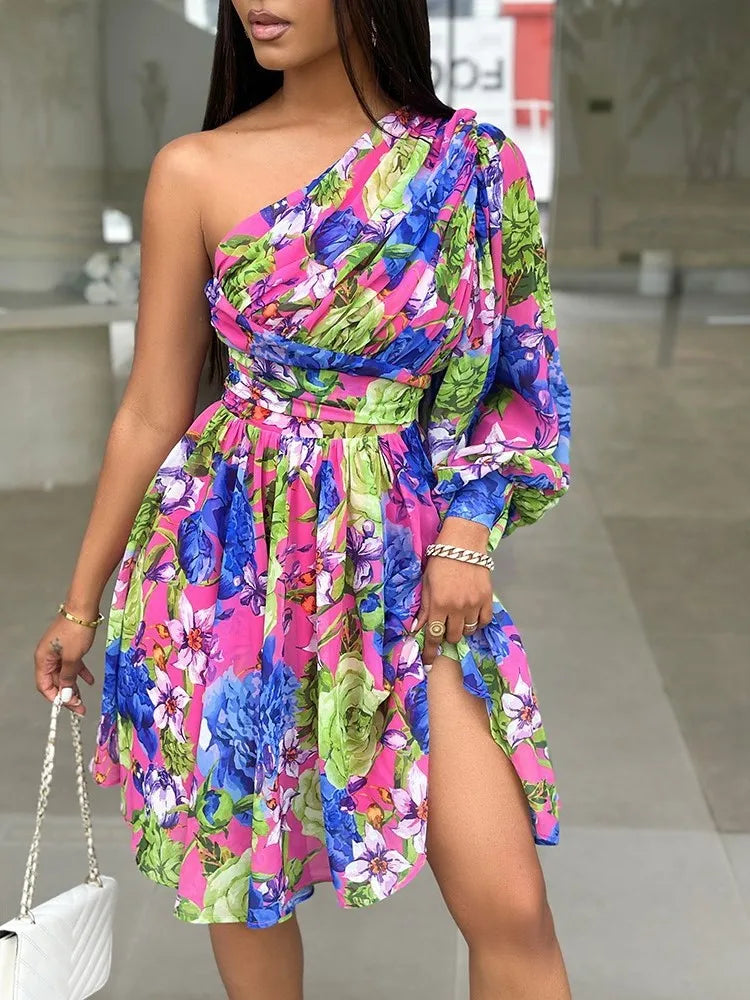 New Boho Print Women's Dress Spring Fashion Sexy Off Shoulder Elegant Dress.