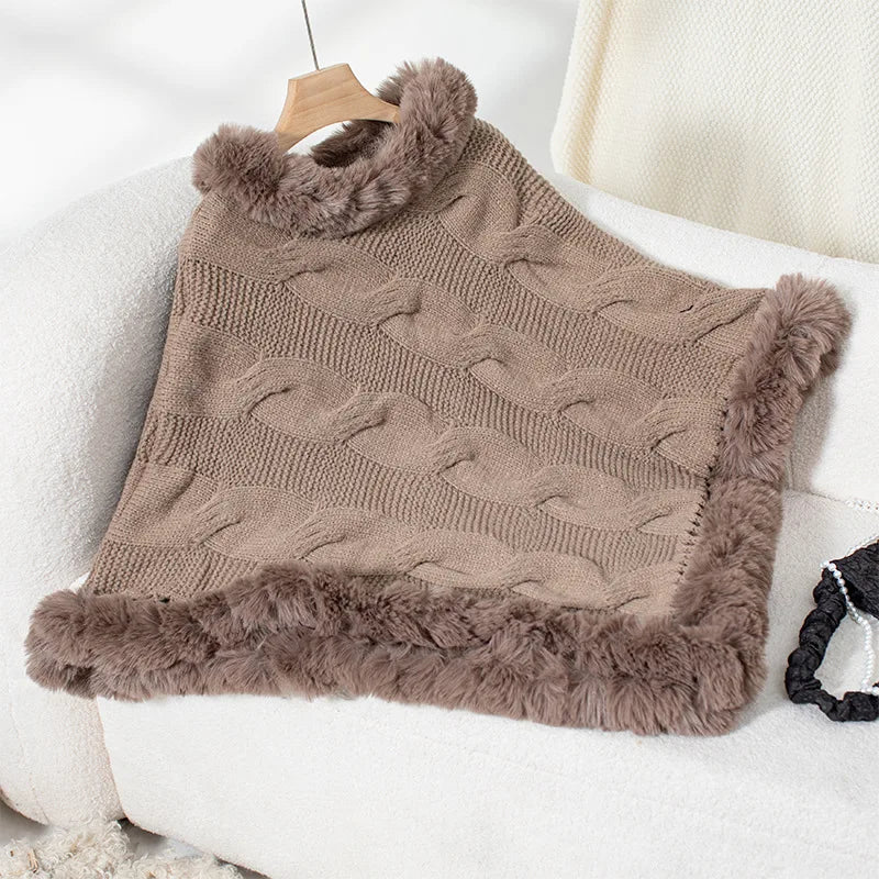 Women Sweater Pullover Fur Collar Cloak Twist Knitted Thick Elegant Splice Autumn Winter Irregularity Poncho