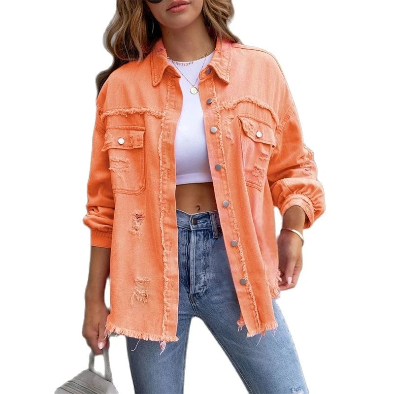 Raw-edged Denim Jacket Shirt Style Denim Casual Outerwear.   S-2x