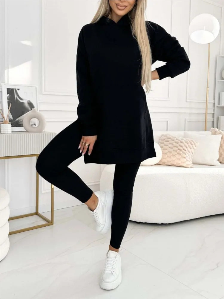 New Casual Hoodie Women's Solid Colour Simple Fashion Pocket Thick Thread Casual Leggings 2 Piece Set.  S-3x