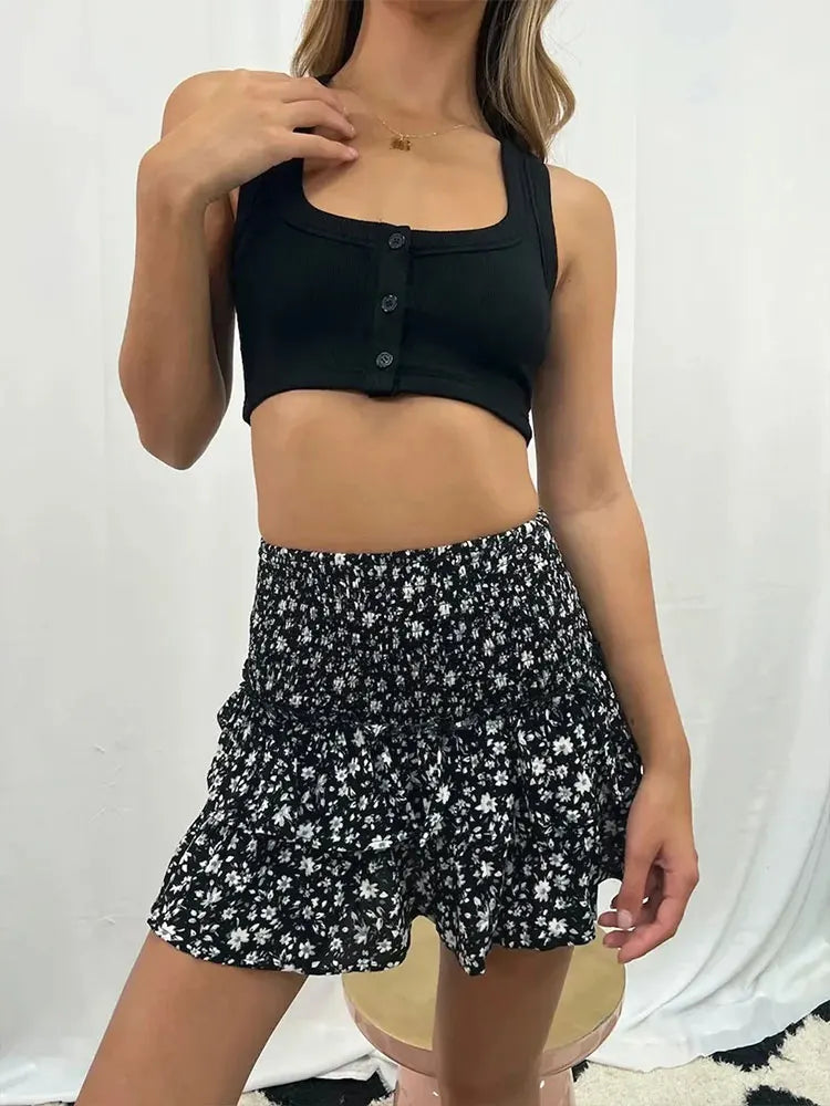 Blue Floral Pleated Mini Skirt Ruffled Edge Fashionable Floral High Waist Skirt Bohemian Style.  S-xL