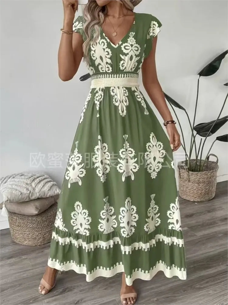 Women's Print Dress Summer Fashion High Waist Slim Body Casual V Neck Swing Elegant Ladies Long Dress.  S-XL