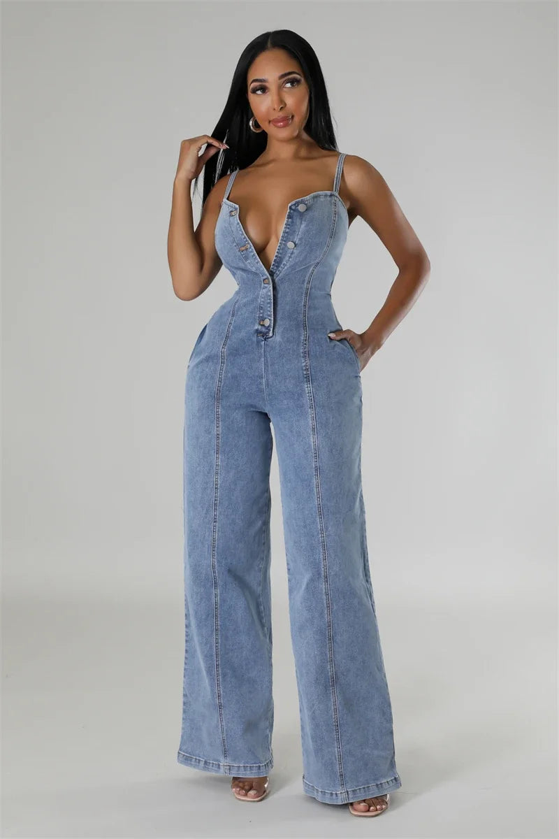Wide Leg Sleeveless Denim Romper Overalls Outfit.  S-2X