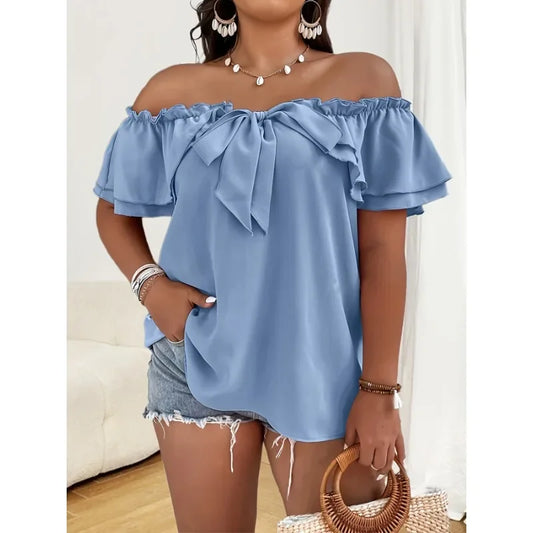 Summer New Plus Size Women's Fashionable Solid Colour Off Shoulder Bow Top