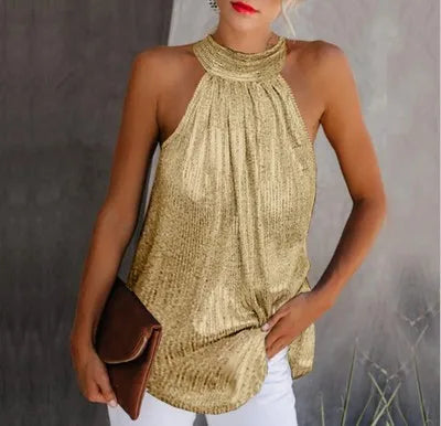 Women Halter Sleeveless Loose Sequined T- Top .  S-4X