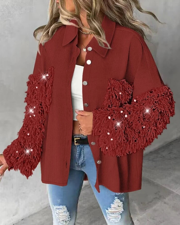 2025 New Fashion Casual Contrast Sequin Turn-Down Collar Long Sleeve Elegant Design Shacket with Pocket.