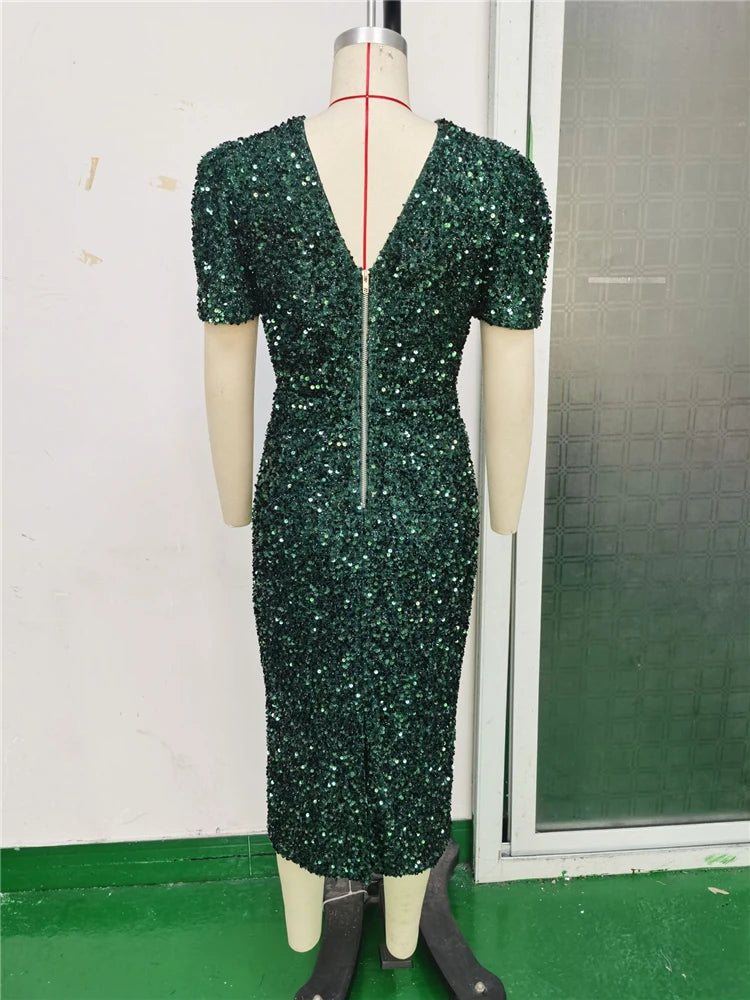 Elegant Green Sequin Dress Sexy V Neck Party Dress for Women