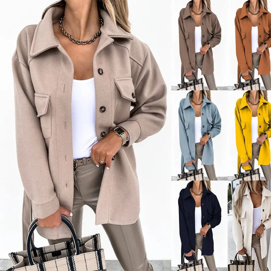 Women's Solid Colour Lapel Single Breasted Solid Colour Loose Jacket 2025 Autumn/winter Jacket.  S-XXL