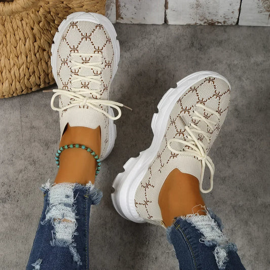 Women's Mesh Knitting Flat Shoes Lace-up Round Toe Breathable Sneakers Women Autumn Soft Sole Footwear Woman Wedge Sport Shoes