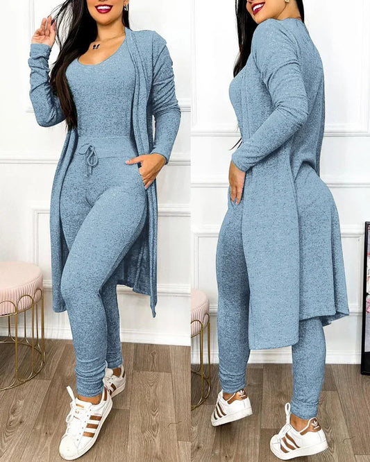 Drawstring Pocket Design Jumpsuit & Coat Set Solid Colour  Slim Fit Pencil Pants Fashion.  S-2X