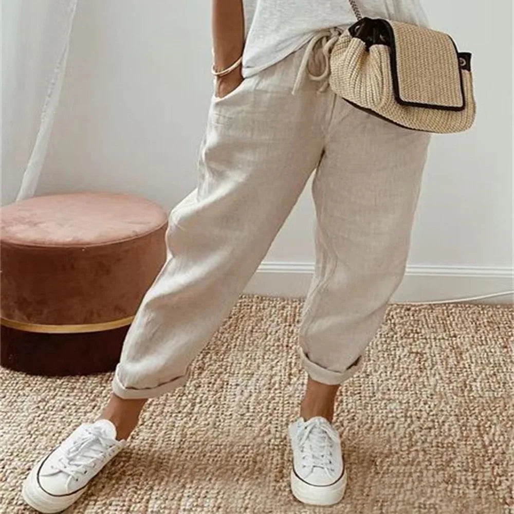 Ladies Summer Spring Cotton Linen Vintage Casual Fashion Loose Stripe Pocket Pant. Sz S-5XL