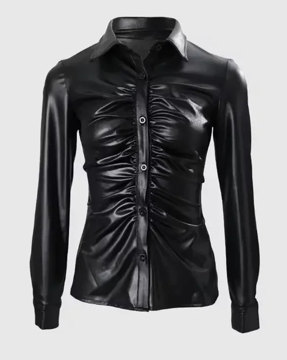 Women's Faux Leather Button Front Shirt with Ruched Lapel Collar Stylish and Comfortable Long Sleeve Top