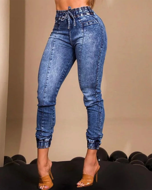 Women Jeans Elastic Waist Solid Colour Pencil Pants Street Wear Casual Slim Fit High Street Flat Zipper.