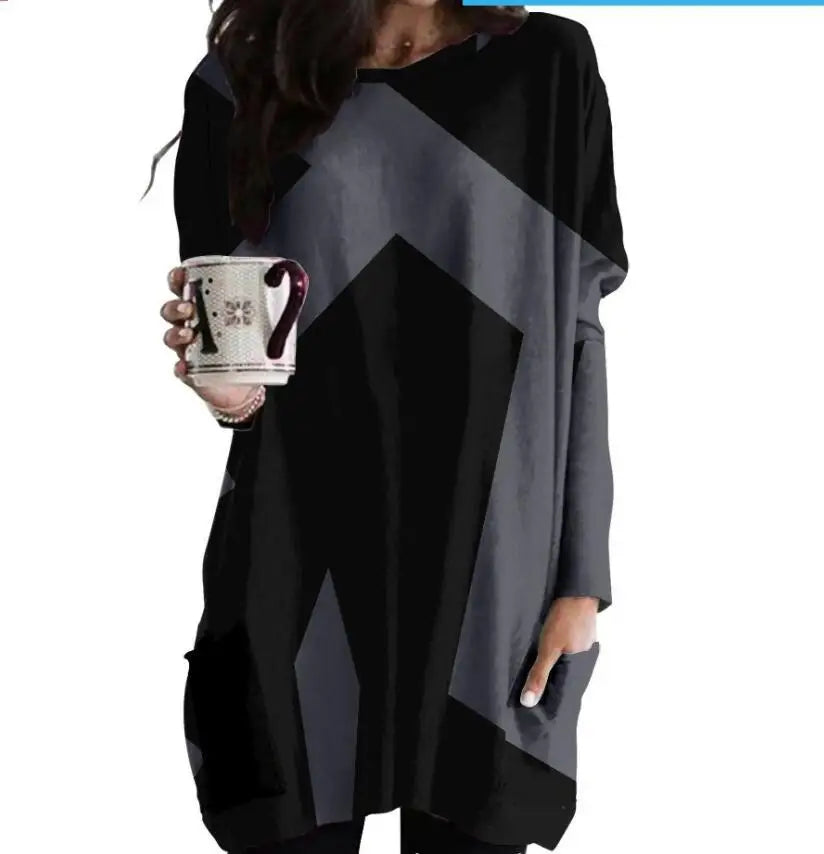 Women's Casual Geometric Print Dress Fashionable Round Neck Long Sleeve Loose Dress 2025 Spring New Style Comfortable Home Wear