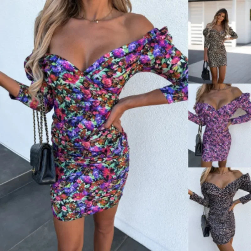 Women's Casual Fashion Dress Off Shoulder V-neck Long Sleeved Floral Print Dress .   S-2x