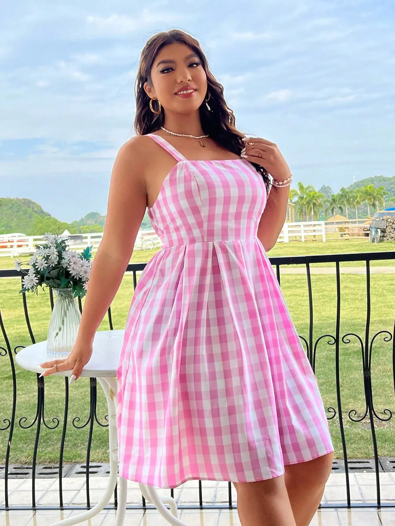 Plus Size Women's 2025 Summer New Plaid Dress Square Neck Dress Best for Summer.