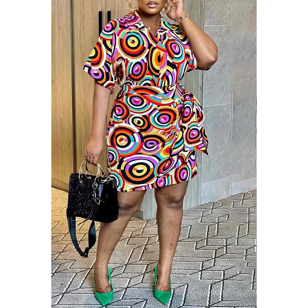 Plus Size Print Short Sleeves Lapel Wrap Dress