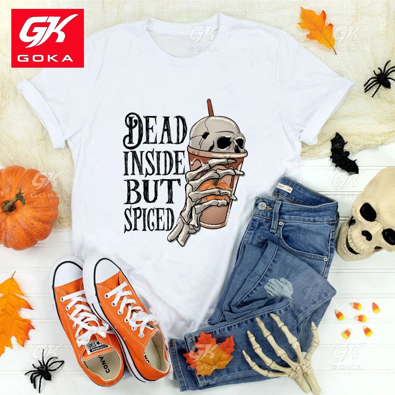 Premium Cotton T Shirt Fashion Halloween Dead Inside But Spiced Print Hip Hop Short Sleeve Women Cool Casual Shirts.  S-3X