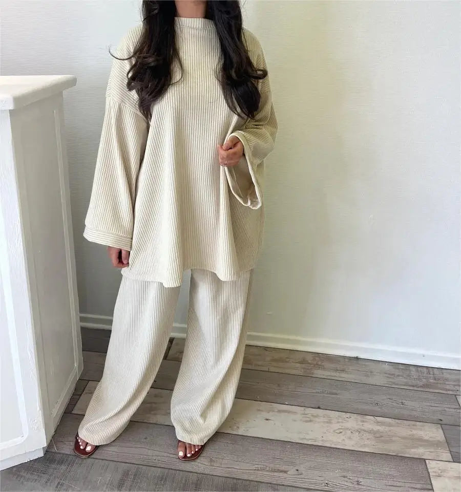 Elegant Female Fashion Solid Set Loose Long Sleeve Pullover Top Wide Legs  2 Piece Set. S-XL
