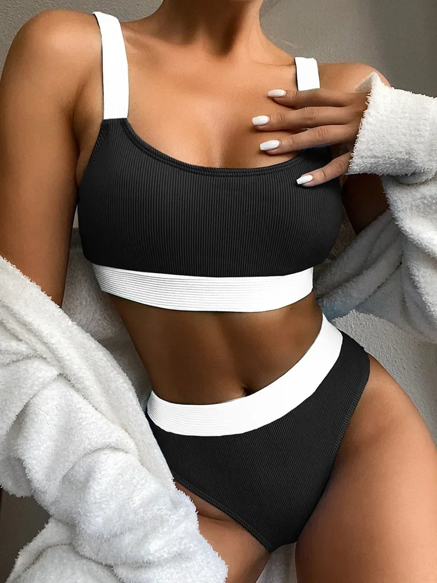 Sexy Ribbed High Waist Bikini Two-pieces Set.