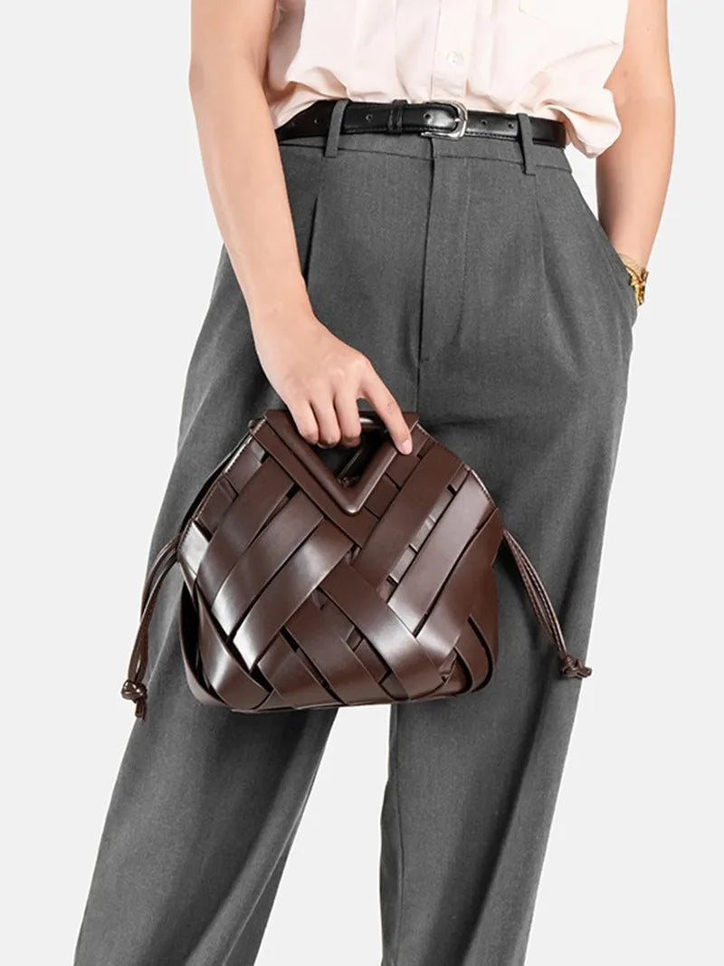 New Design Luxury Fashion Woven Genuine Leather Handbag French Portable Retro Trend Shoulder Bag