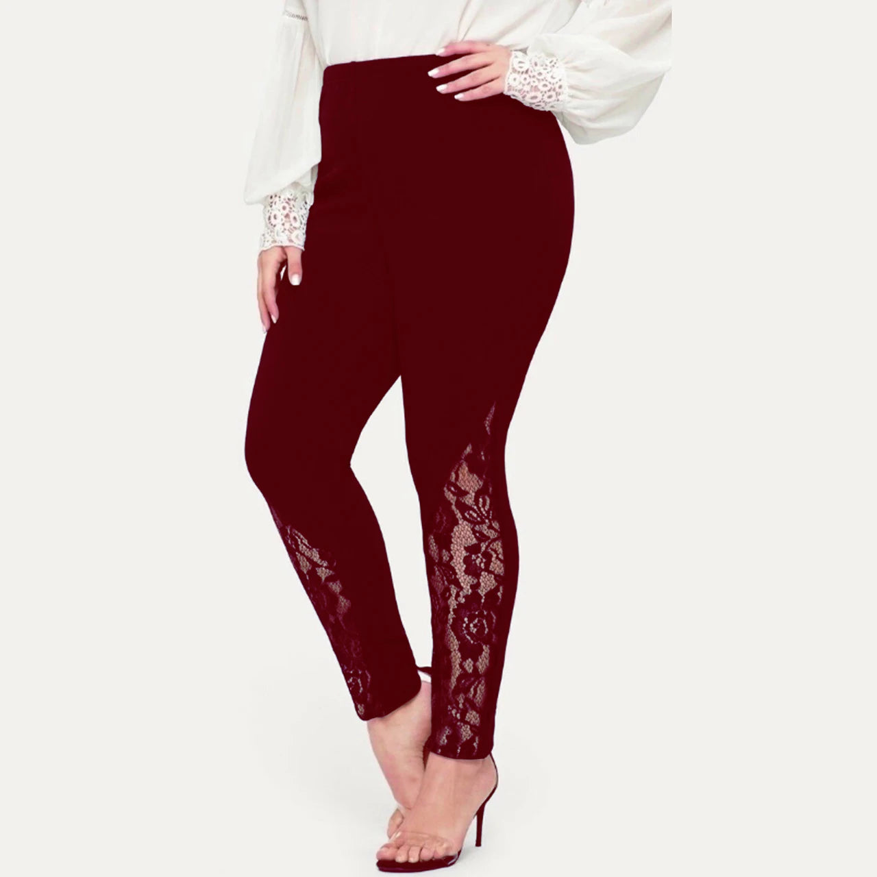 Plus size  Women's leggings with lace patchwork and contrasting hollow out design, slim fit and slimming pants.  L-8x