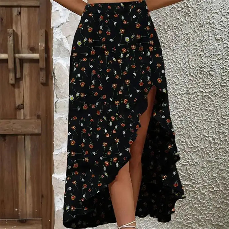 Ruffle Edge Irregular skirt Elegant Fashionable Summer New Midi Floral Print.  S-xxL