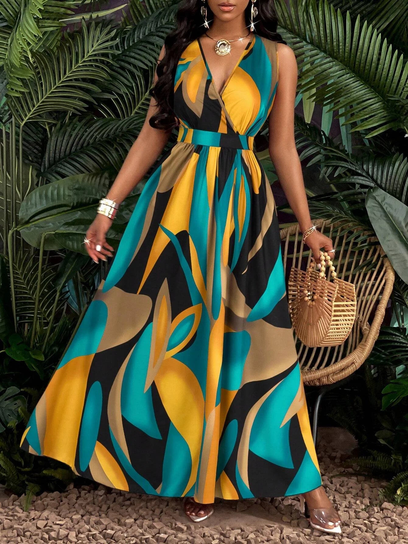 Tropical Print V-Neck, Waist Section Cable Knit Fit And Flare Maxi Dress.  S-2X