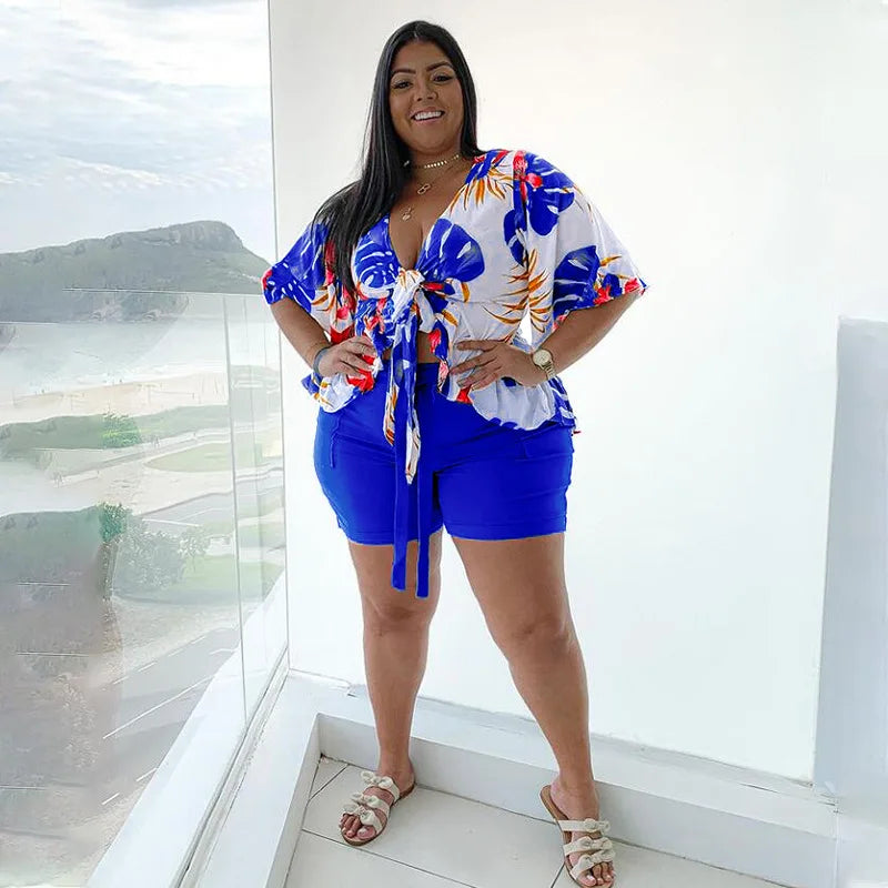 Curvy Size Comfortable Floral Print Two Piece Short Set.