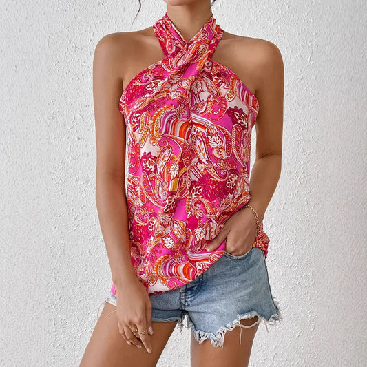 Floral Print Cross-Over Neck Sleeveless Sexy Floral Patterned Strapless Summer Casual Women's Top.  S-XL