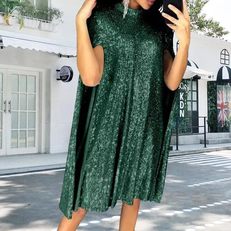 Sexy Party Sequin Glitter Cloak Sleeve Elegant Woman Dress 2025.  S-2X