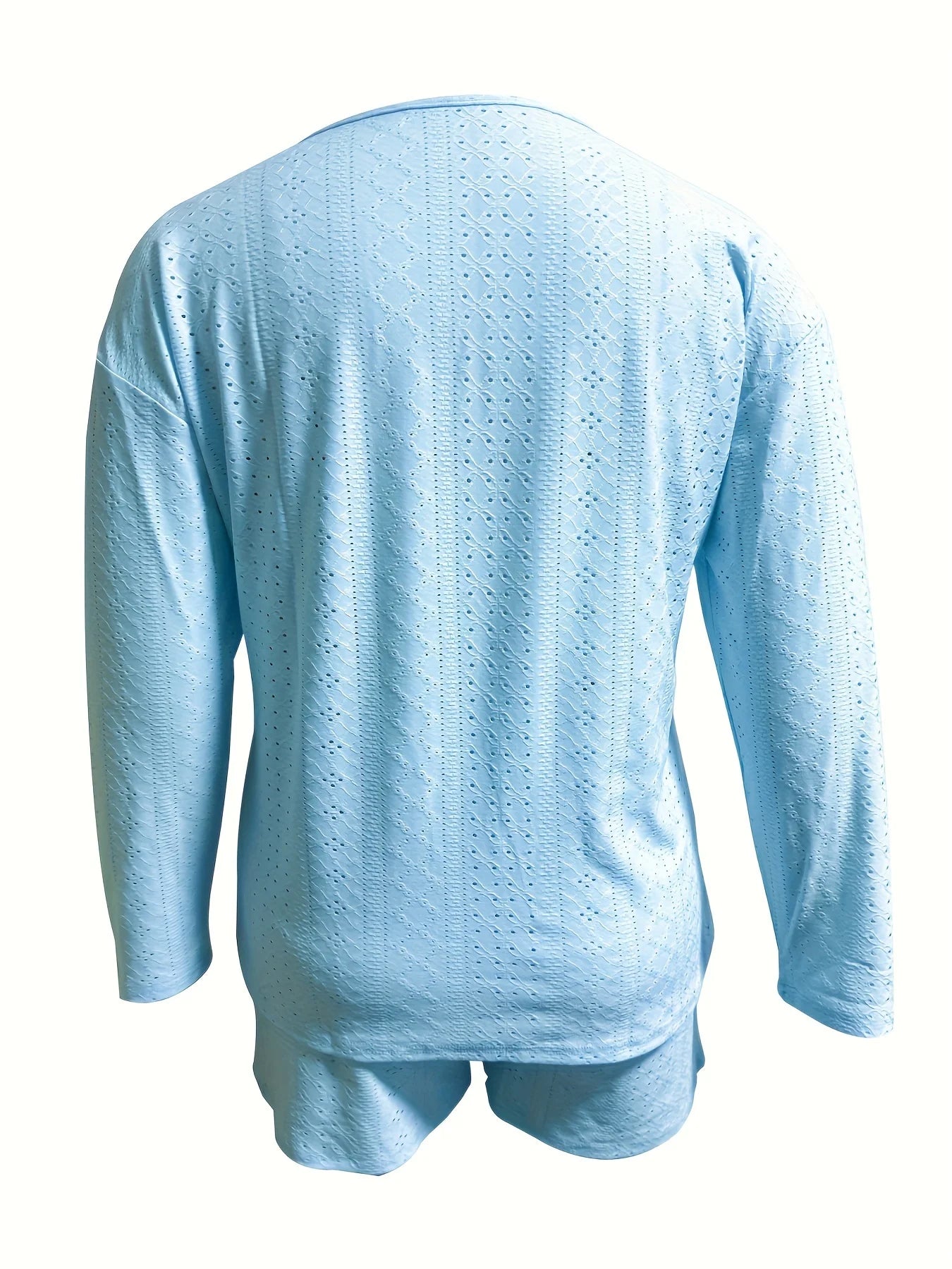 Plus Size Eyelet Casual Shorts Set, Crew Neck Long Sleeve Top & Shorts Outfit