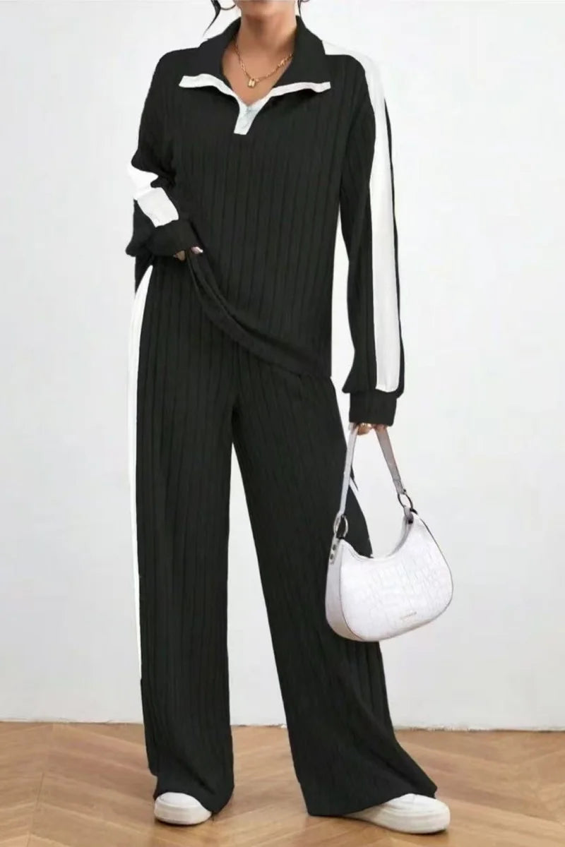 Ladies' winter casual knitted suit with long-sleeved top and trousers.