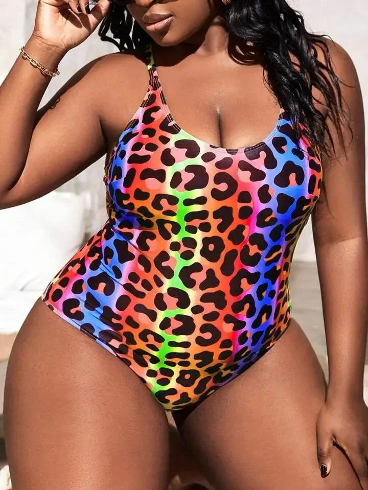 2025 New Sexy Plus Size Swimwear One Piece Colour Leopard Print.