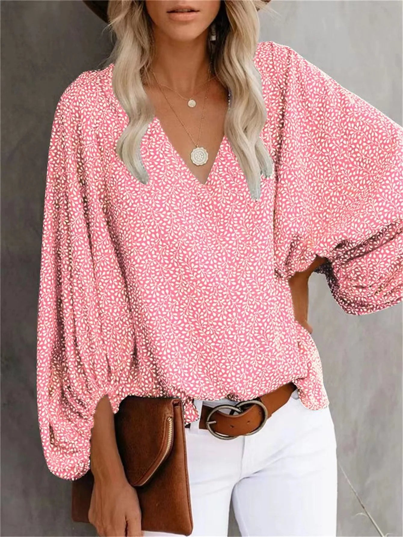 New European V-neck Printed Lantern Sleeve Top.  S-3X