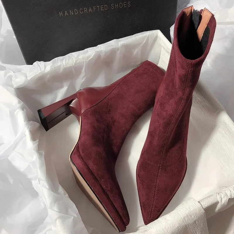 New Women High Heels Pointed Toe Ankle Luxury Boots Suede Chunky Fashion Boot.  Zapatos Mujer