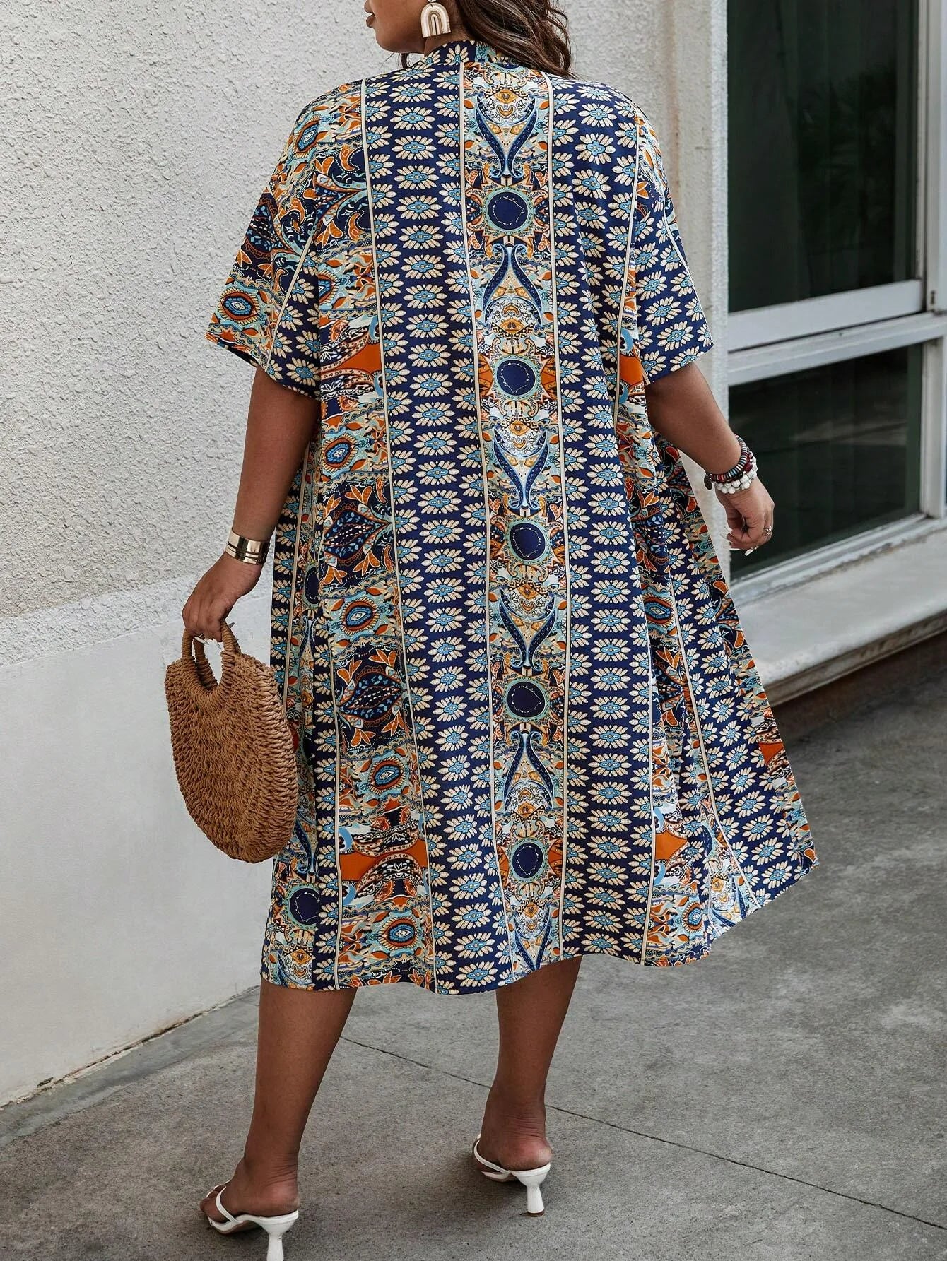 Women's Plus Size Printed Two-piece Set, featuring a bohemian print open front kimono with short sleeves and shorts