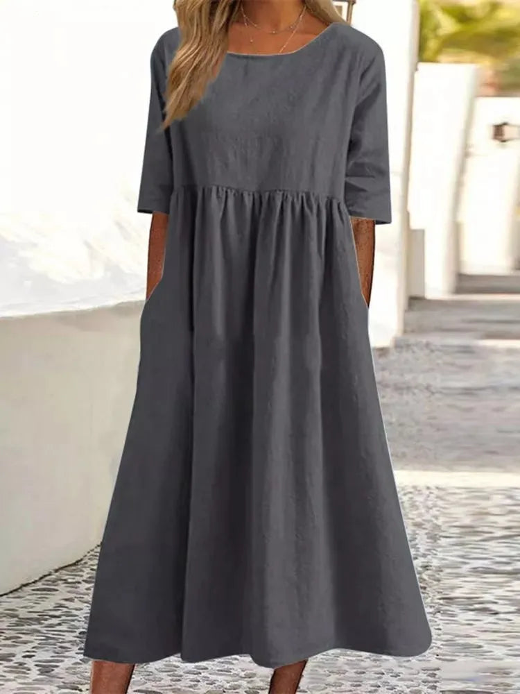 Casual Loose Long Plus Size High Waist Cotton Linen Dress.   S-5X