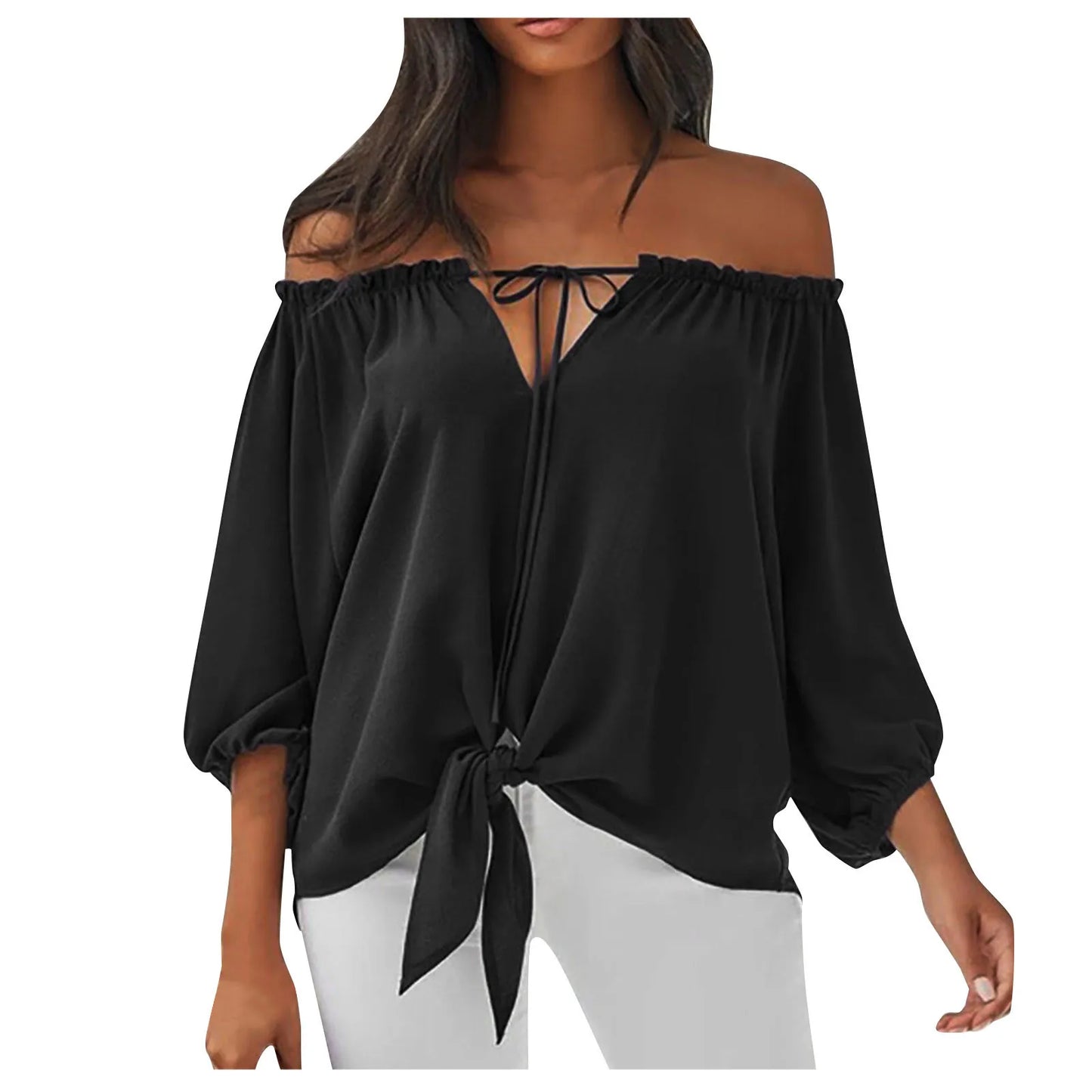 Summer Blouse Sexy Off Shoulder Elegant Women Tops Half Sleeve Casual Loose Solid Colour Tie Blouse